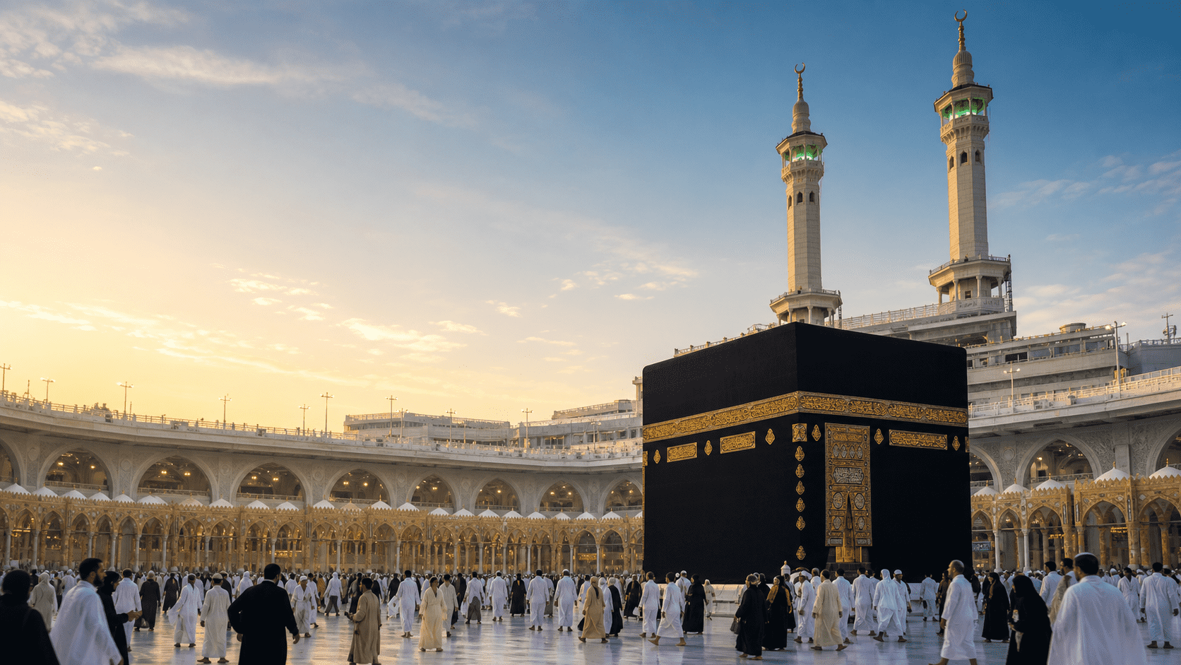 Pilgrims at the Holy Kaaba in Makkah at sunrise